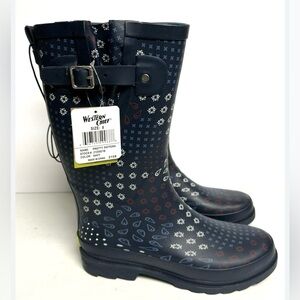 Western Chief Womens Navy Pretty Pattern Rain Boots Blue NWT